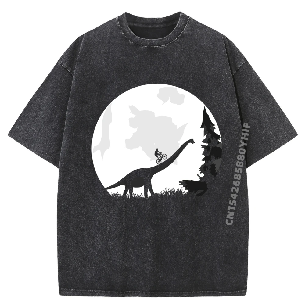

Short Sleeve Tops Tees Comfortable Pure Cotton Men T-shirts Men Bike on a Dinosaur Moon Outdoor Tops Washed Shirts Graphic