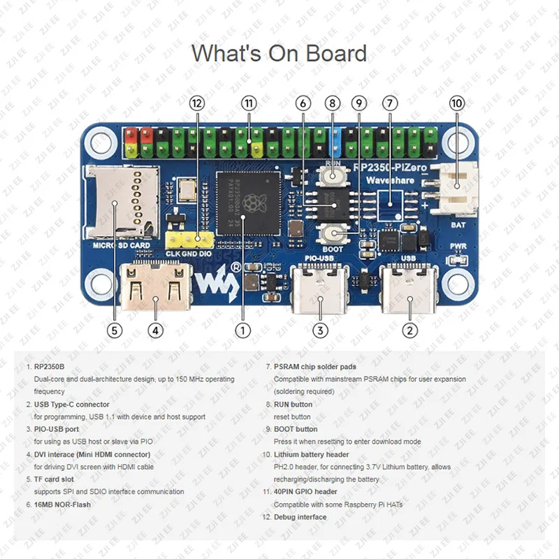 

RP2350-PiZero Development Board 520KB SRAM 16MB Flash Based on Raspberry Pi RP2350 Dual-Core & Dual-Architecture Microcontroller