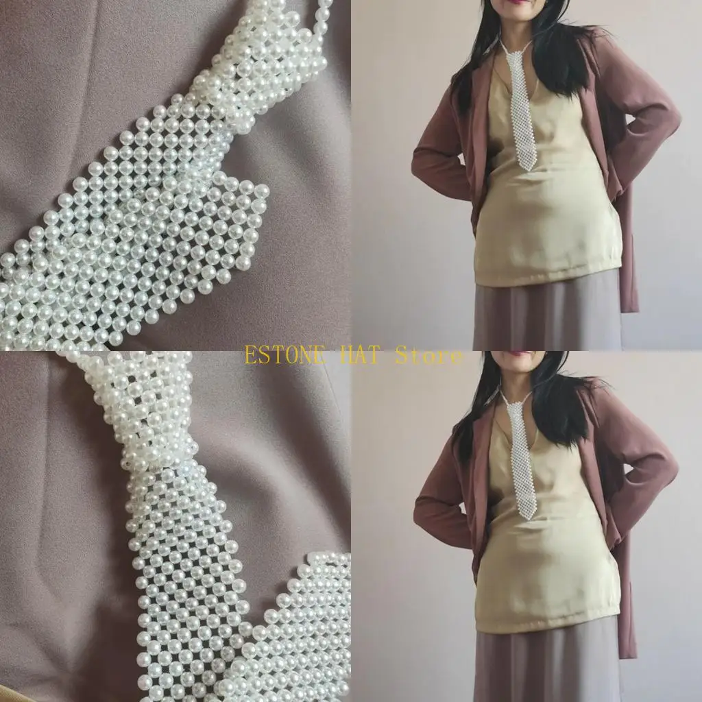 49MF Elegant Pearl Bead Pearl Bowtie Girls Shirt Necktie Clothing Short Necktie