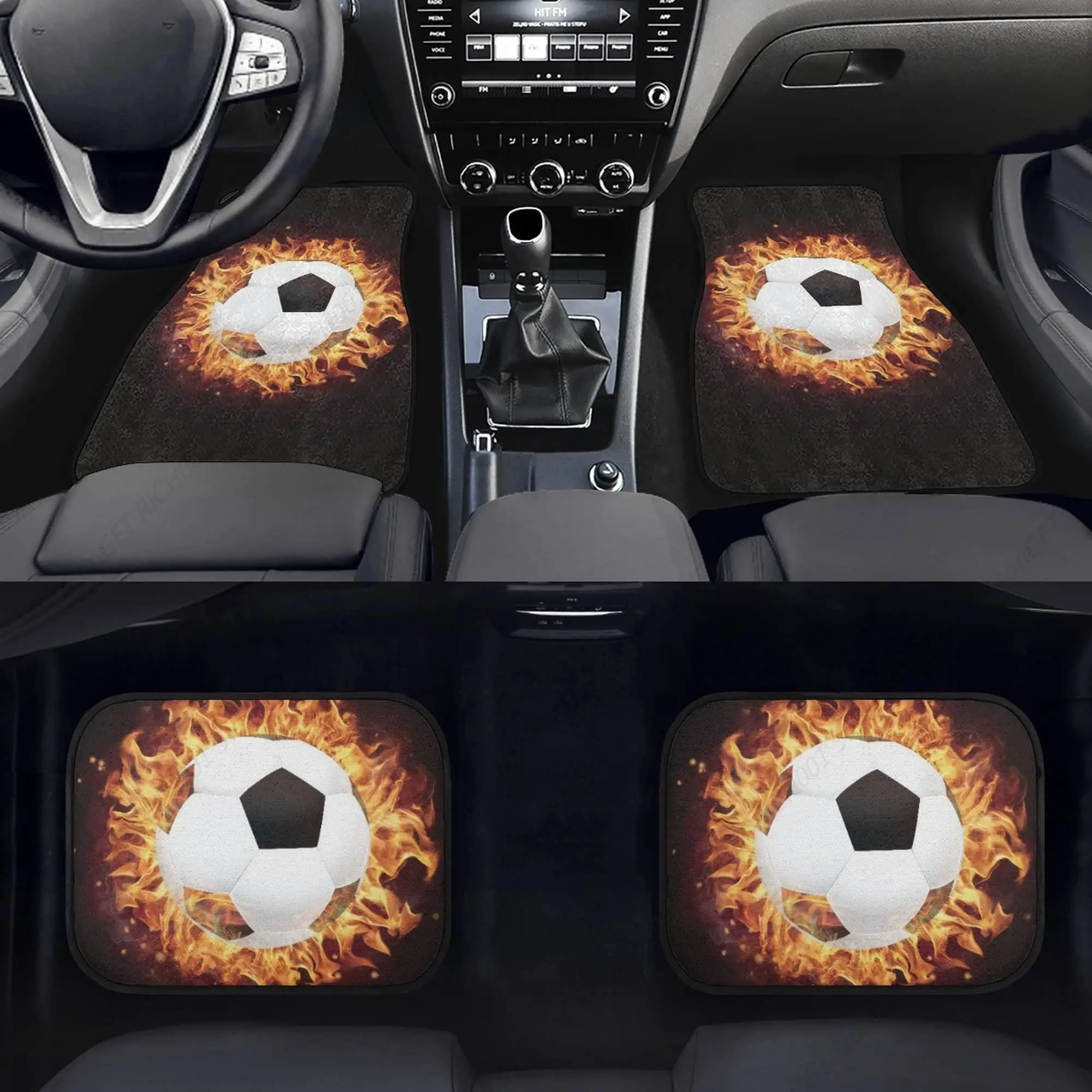 Fire Soccer Automotive Rubber Backing Carpet Floor Mats, 4 Pieves Set Front Reat Universal Car Floor Mat, All Weather Protection