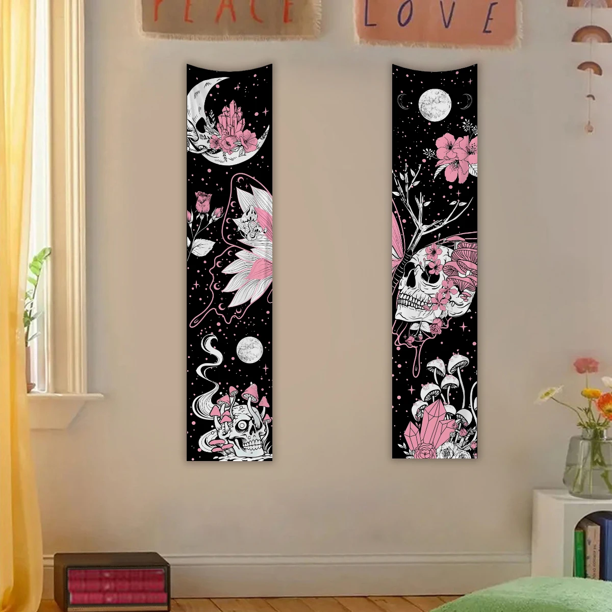 1pc Skeleton flower tapestry, mushroom plant butterfly tapestry, sun, moon, starry sky polyester tapestry(No accessories)