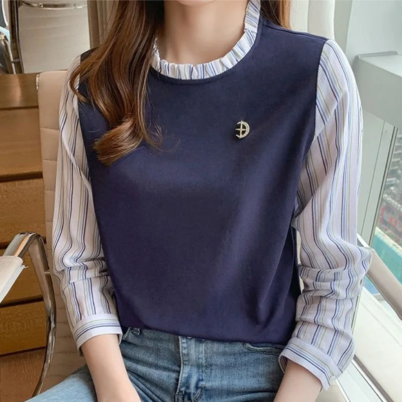 New Spring Fashion Trend French Splice Fake Two Piece Round Neck Loose Versatile Western Style Slim Women's Long Sleeve Sweater