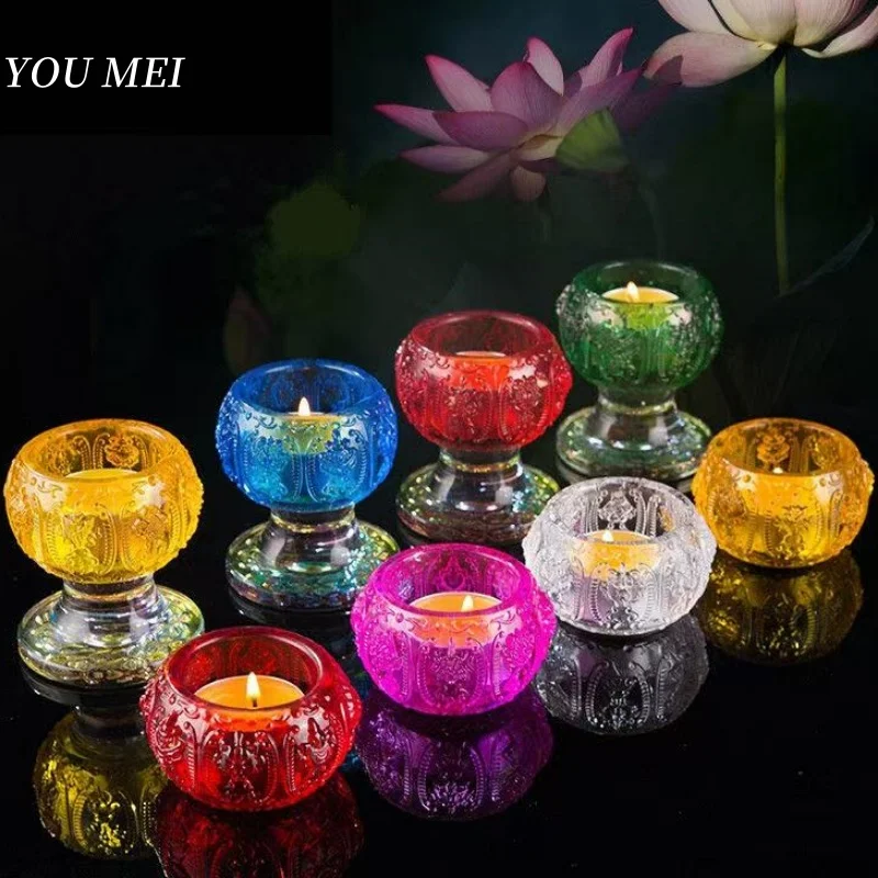 

Multicolor Buddhism Hall Candlestick Holder,Engraving Flower Circle Shape Altars Desk lamps,Glass Cndle Oil Lamp,Buddhist Item