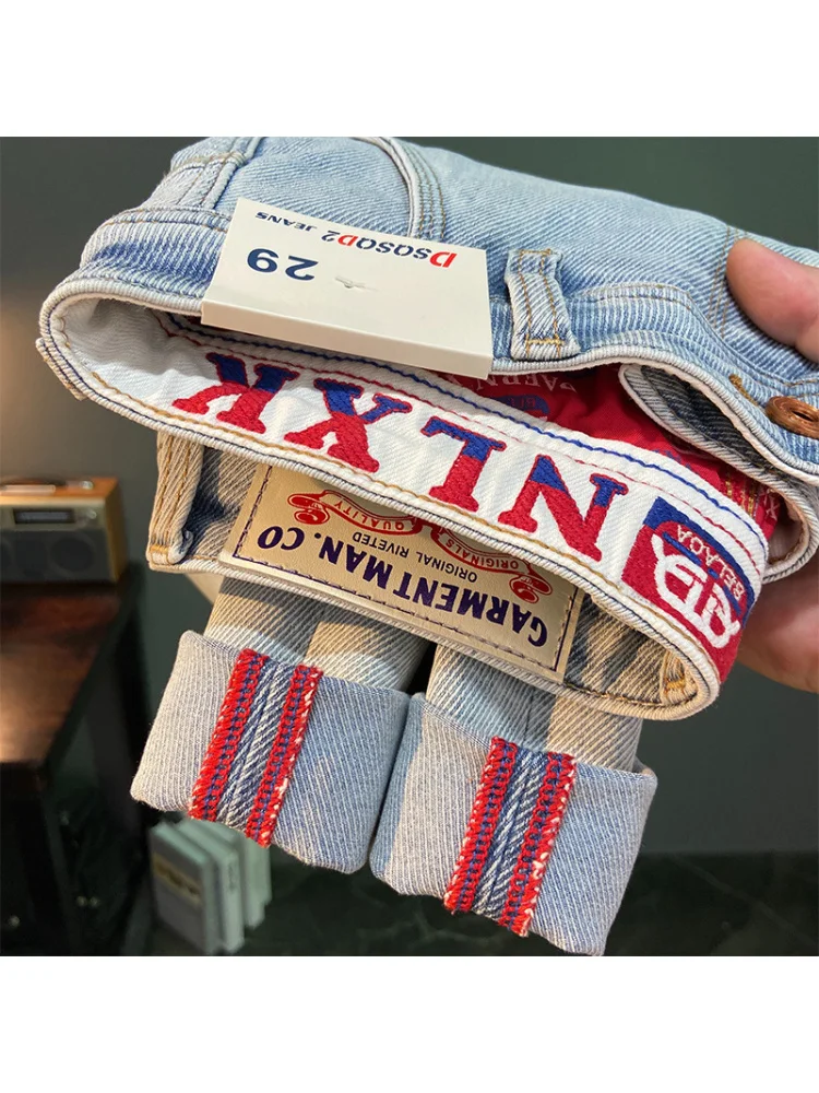 남성용 프린트 자수 여름 트렌디 브랜드 청바지, 라이트 블루, 신축성, 슬림핏, 작은 발, 얇은 바지