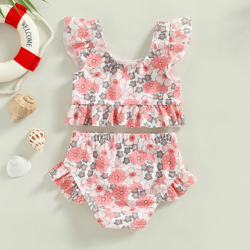 Baby Girls Bikini Set Flower/Bull Head Print Fly Sleeve Vest with Elastic Waist Briefs Bathing Swimsuit for Summer Beach