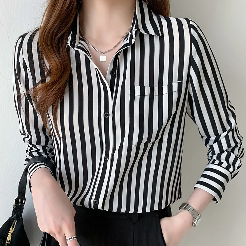 Black Patchwork White Striped Print Chiffon Blouse Women 2024 Spring Long Sleeve Work OL Wear Shirt Top Clothes