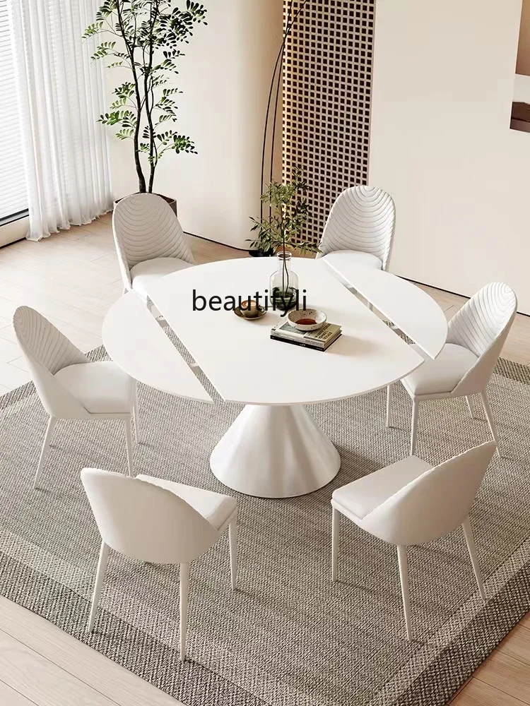 Cream Style Stone Plate Dining Table Rotating Retractable Folding Square and round Dual-Use Dining Table Household Dining Table