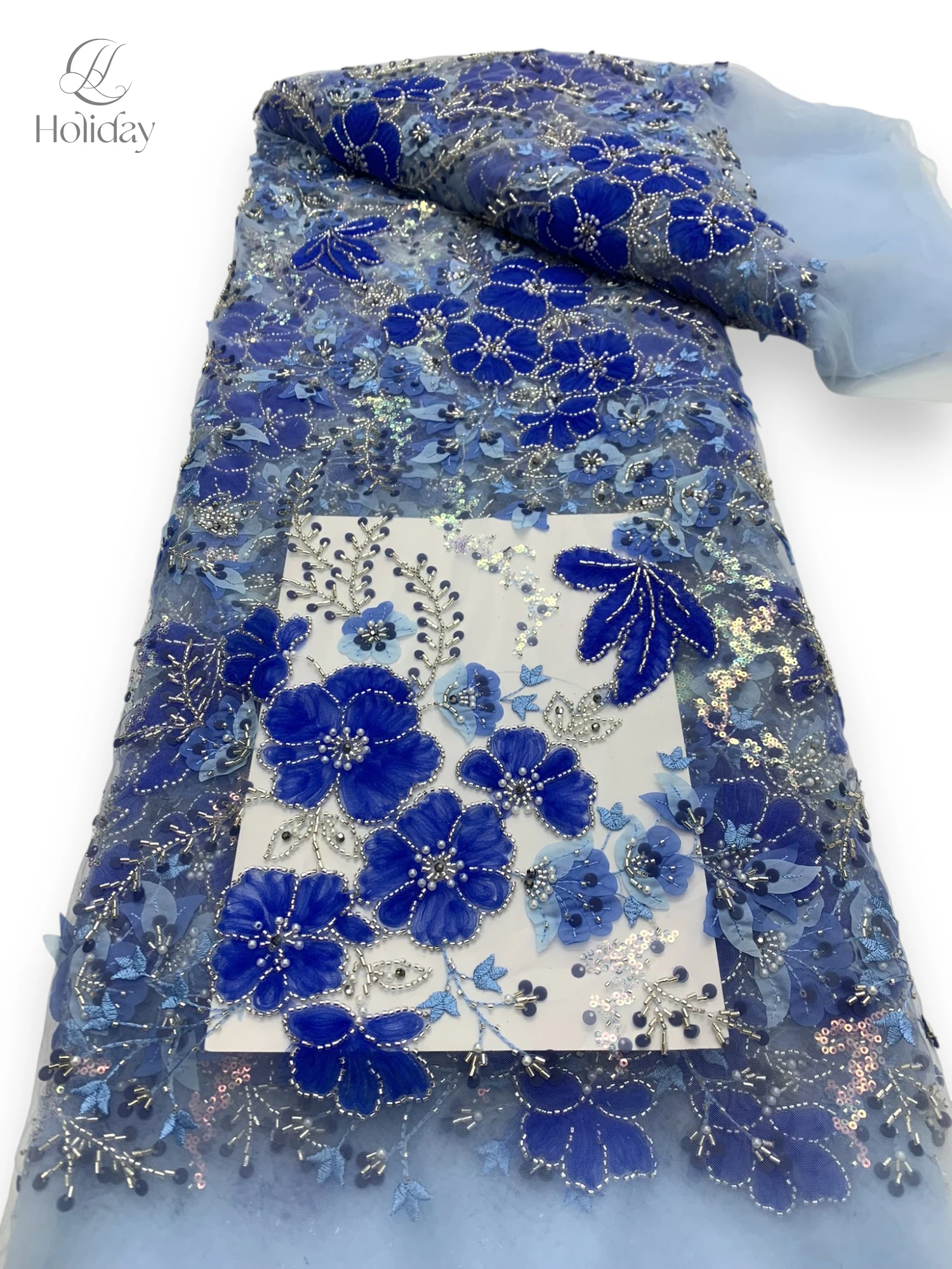 

Royal Blue & Silver 3D Flower Embroidery Tulle Fabric with Sequins Beads for Bridal Gown DIY Decoration Cloth