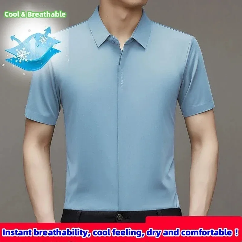 Camisa de negócios masculina verão resistente a rugas botão invisível qualidade elástica luxo high end sem engomar topos camisas de manga curta