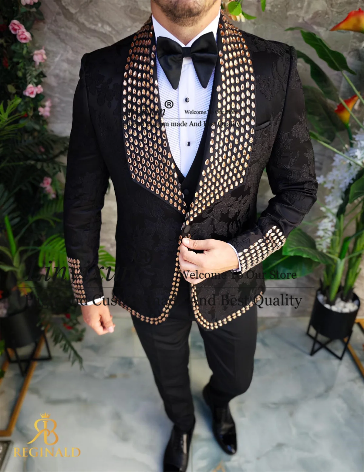 Formal Jacquard Men Suit Luxury Beaded Crystals Wedding Groom Tuxedo 3 Pieces Sets Male Prom Blazers Customized Costume Homme