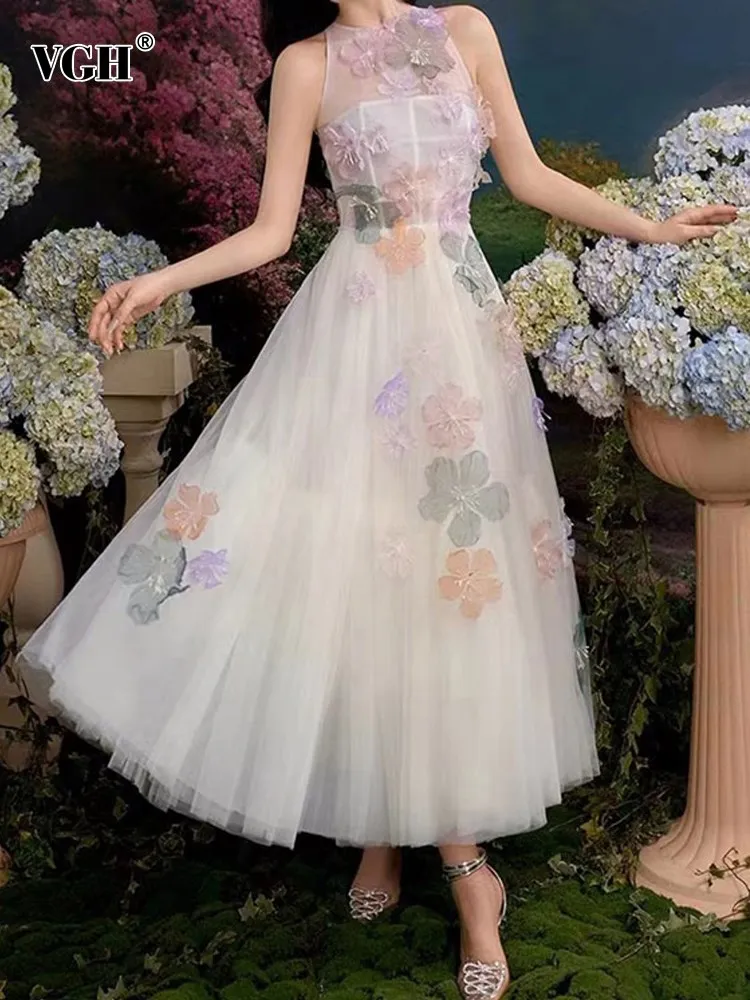 

VGH Spliced Floral Dresses For Women Round Neck Sleeveless Patchwork Sheer Mesh Slimming A line Dress Female Summer Clothing New