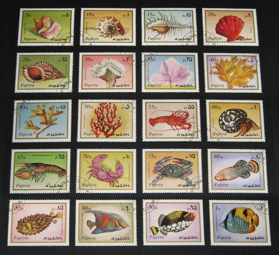 20Pcs/Set Fujaira Post Stamps 1972 Marine Life Animals Fish Shell Marked Postage Stamps for Collecting