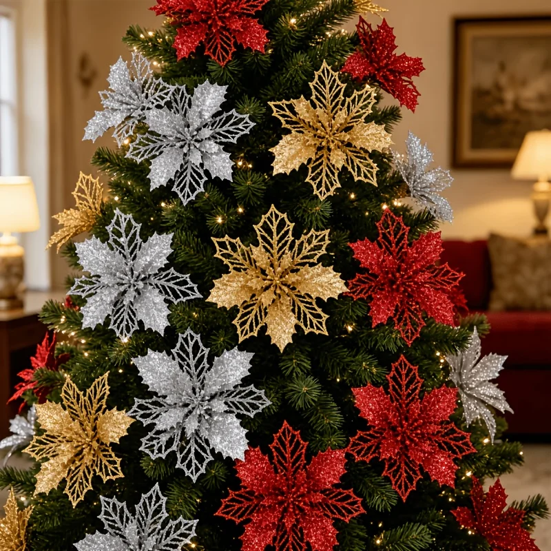 55Pcs  Artificial Poinsettia Christmas Branches Realistic Plastic Evergreen DecorReusable Winter Decor Christmas Wedding Party