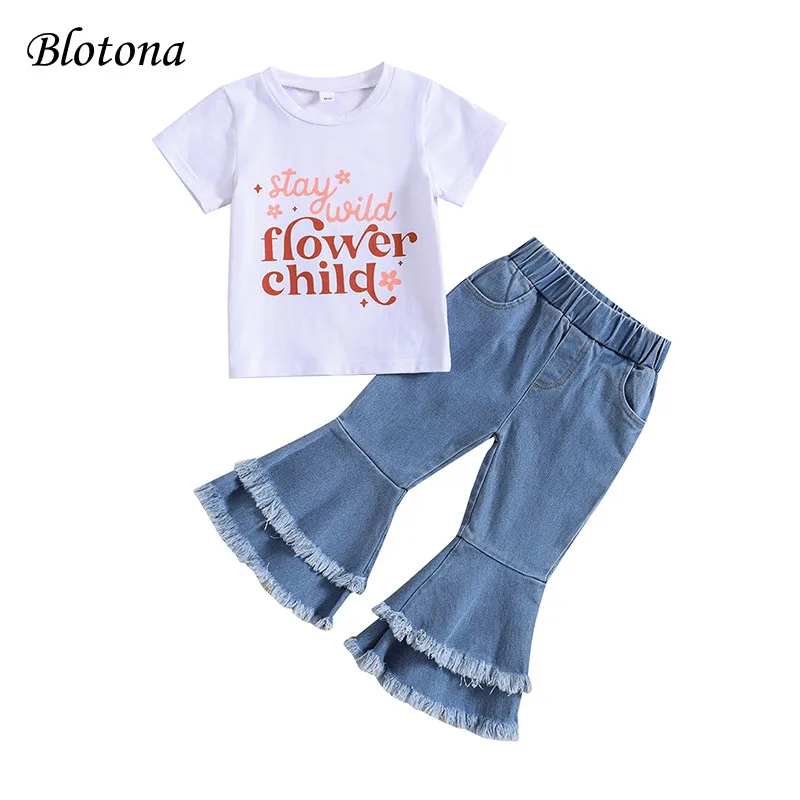 Blotona Kids Girls 2Pcs Summer Casual Outfits, Short Sleeve Floral Letter Print T-shirt Tops + Flared Jeans Set 1-5Years