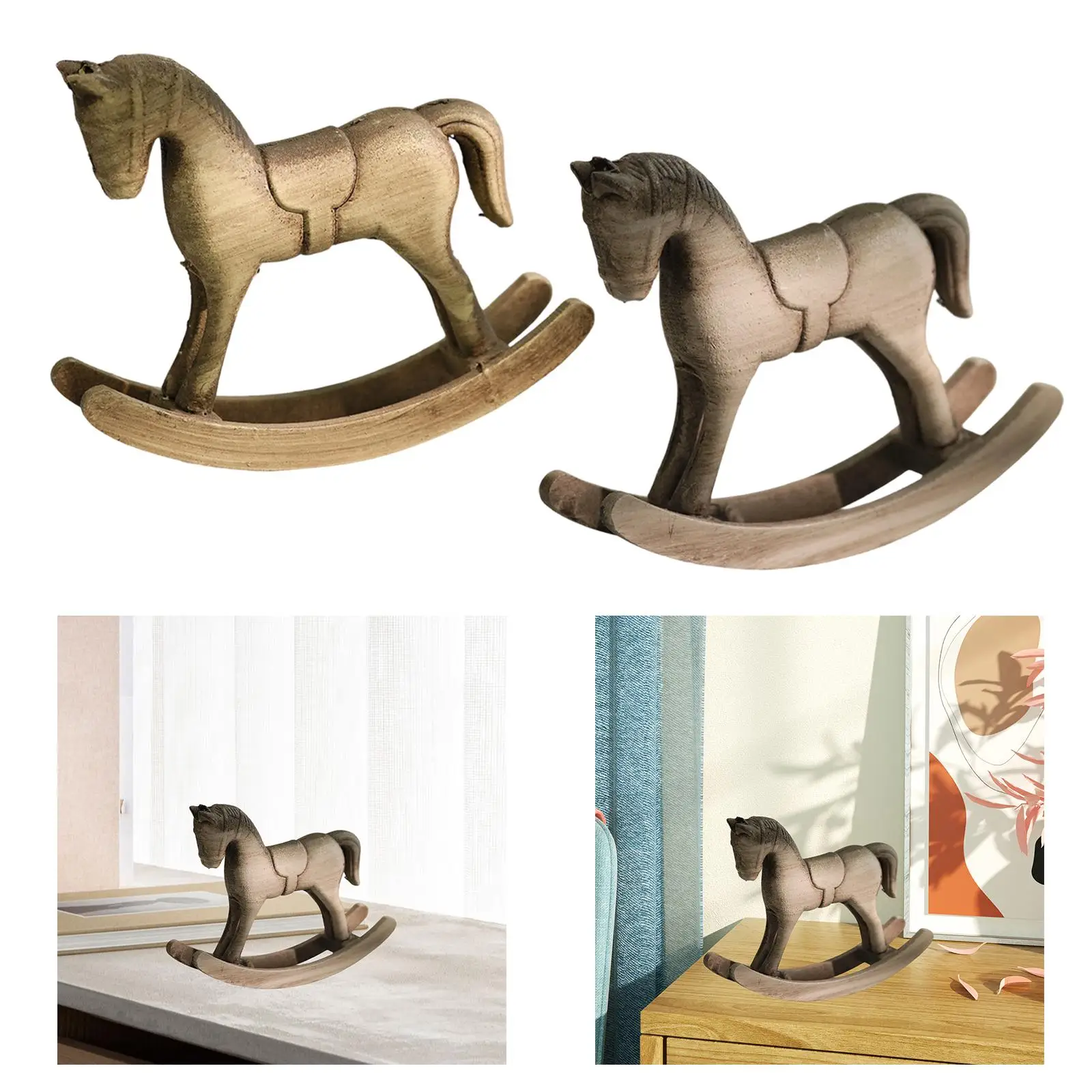 Rocking Horse Ornament Retro Decorative Handcraft Decoration Wooden Sculpture for Countertop Living Room Housewarming Gift