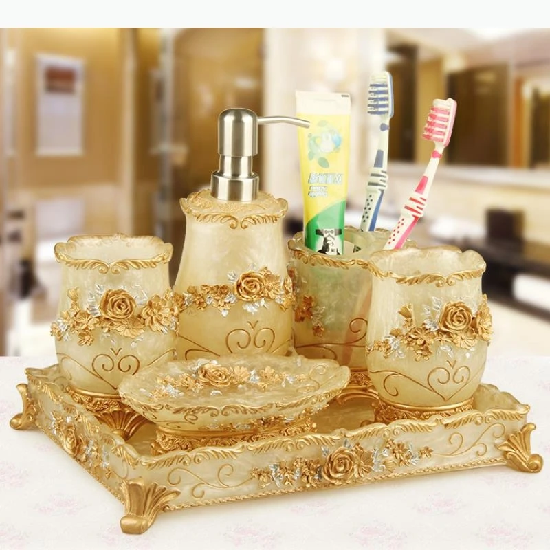

European Resin Household Bathroom Set Soap Dispenser Tooth Brush Soap Dish Tray Brush Wastebin Storage Set