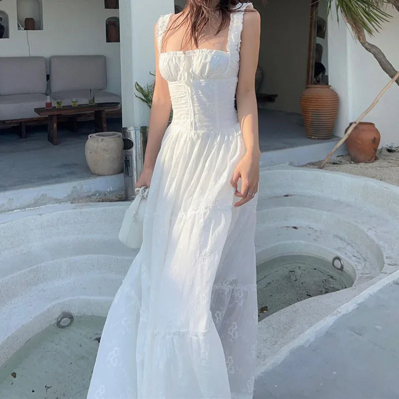 Weißes Maxikleid mit quadratischem Kragen für Damen, modisches Rüschen-Schnürkleid mit hoher Taille, lange Kleider, Sommerurlaub, Straps-Strandkleid