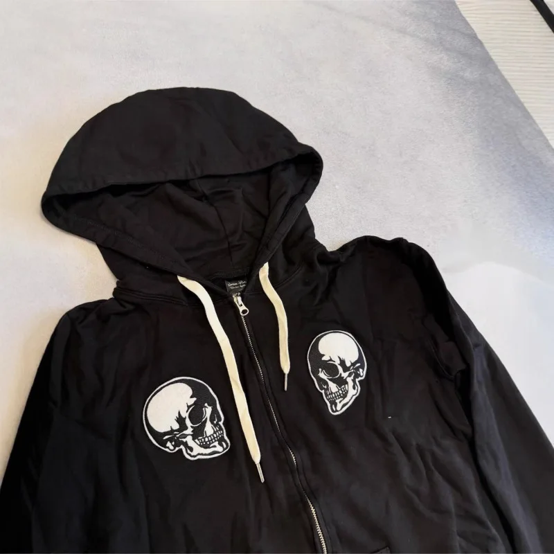 Unisex-Kapuzenpullover mit schwarzem Totenkopf-Grafik und Reißverschluss, Vintage-Gothic-Streetwear-Jacke, lässiges, punk-inspiriertes Kapuzenpullover mit Tasche
