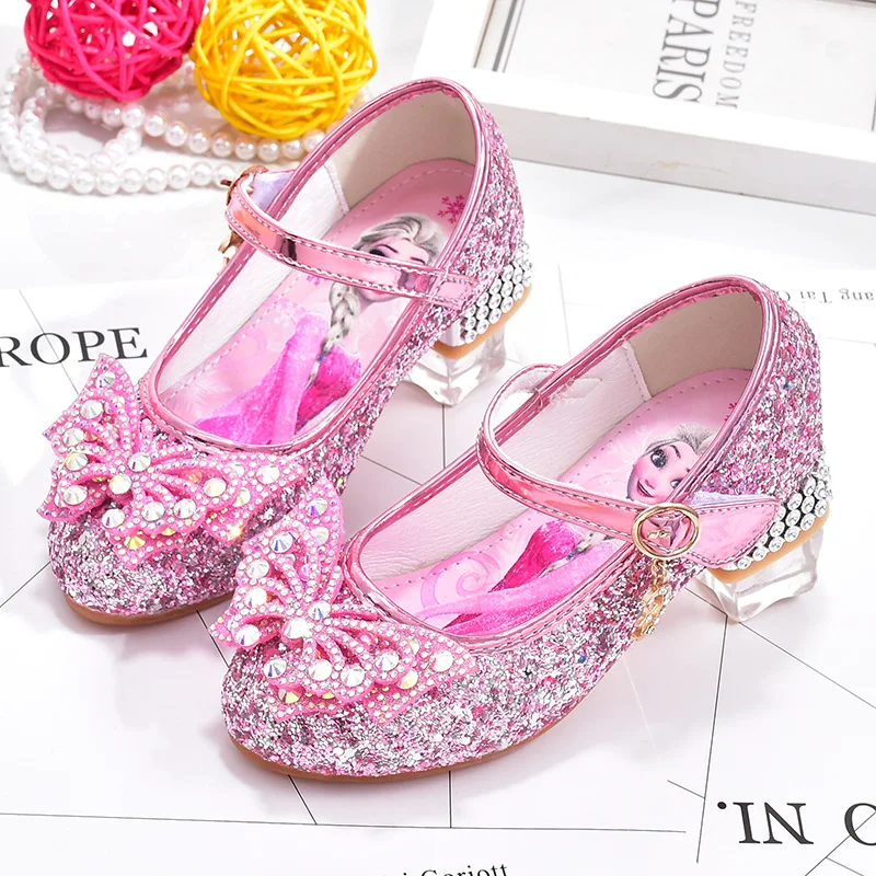 Disney Princess Elsa Leather Shoes Girls' High Heels Shoes Fashion Girls' Crystal Shiny Children's Blue Pink Shoes Size 26-35