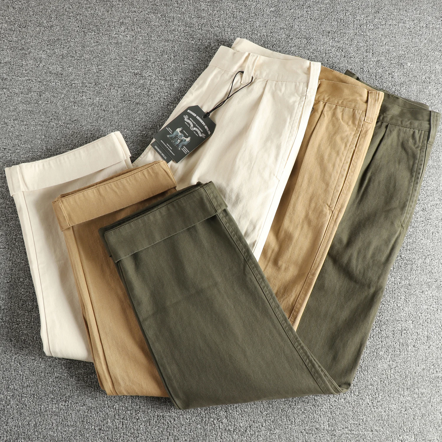 

Retro Fishbone Pattern Casual Pants Men's Loose Straight Leg Cotton Twill Fabric Folded Design Trendy Workwear Trousers