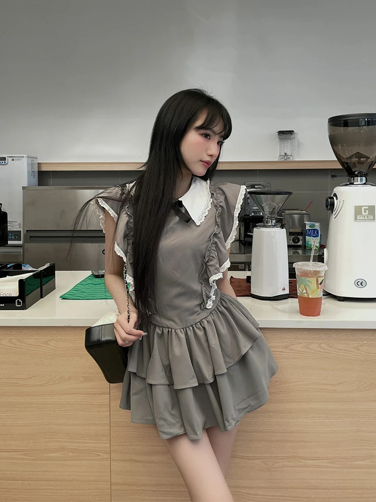 Sexy Dresses Women Hotsweet Panelled Lace Cake-skirt Korean Style Stylish Hipster Flying Sleeve High Street Summer Mini Chic New