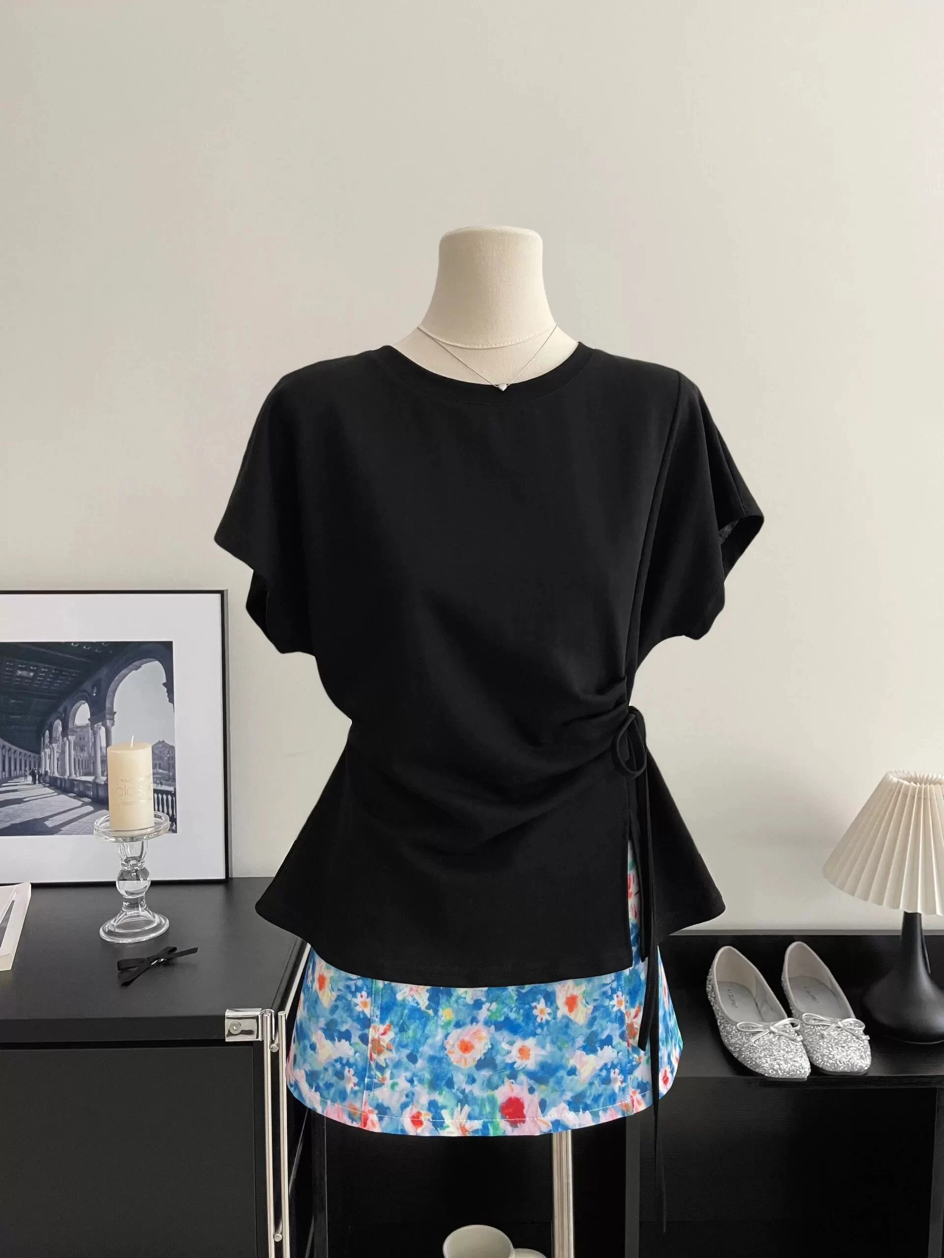 

Korean Style Short Sleeve T-Shirt Women's Slimming Waist Tie Design Summer Casual Cotton round Neck Top for Young Women