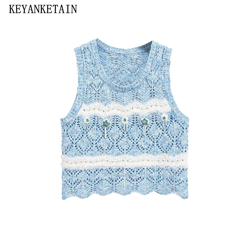 

KEYANKETIAN 2025 New Beading Flower Decoration Striped Knit Vest Holiday wind O-Neck Sleeveless Sweater Camisole Chic Crop Top