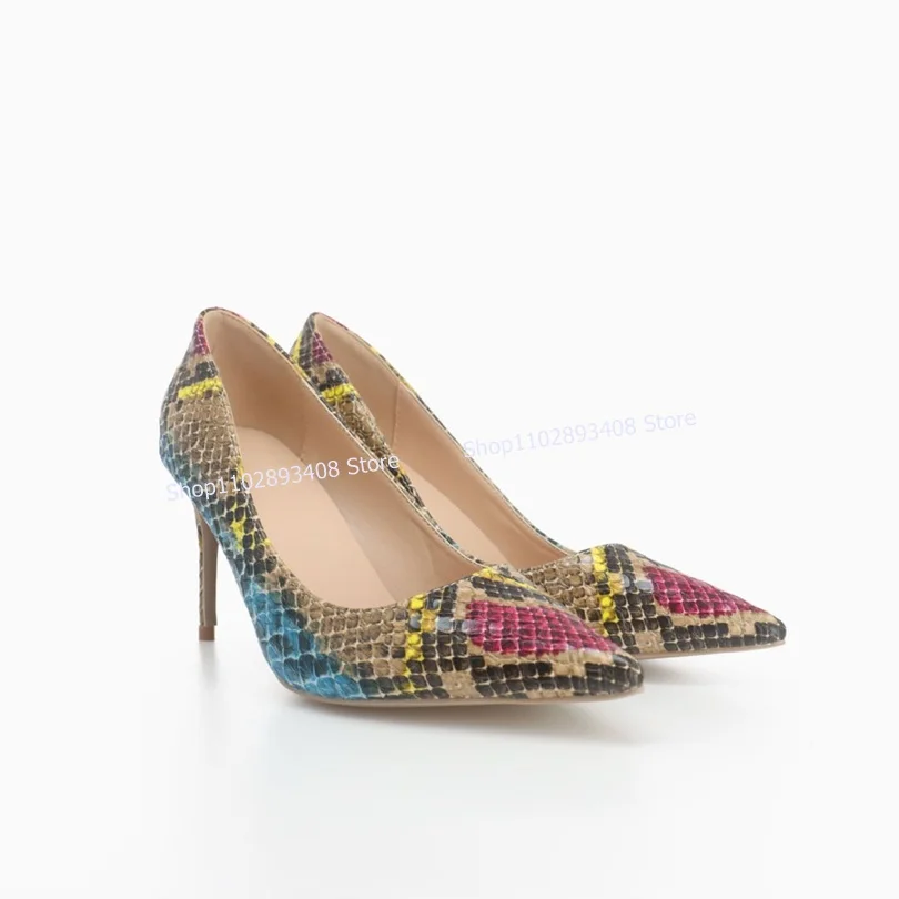 

Mixed Color Snakeskin Pattern Pumps Pointed Toe Shallow Thin High Heels Woman Summer Sexy Dress Party Shoes Zapatillas Mujer