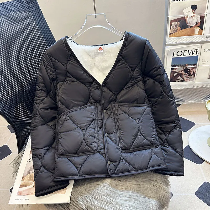 여성 겨울 양털 코튼 패딩 자켓 v 넥 긴 소매 싱글 브레스트 두꺼운 따뜻한 퀼트 코트 내부 라이너 자켓