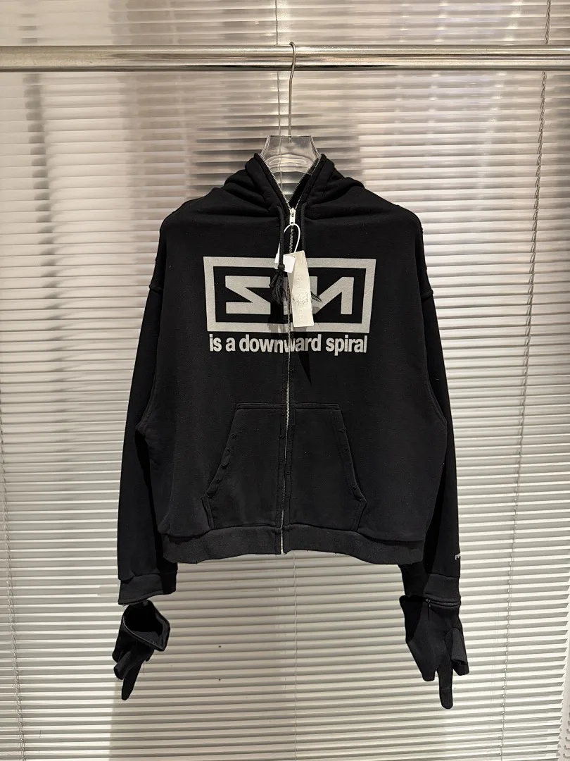 Hochwertige Unisex 24SS Zip-Hoodie-Jacke mit Raglanärmeln, integrierten Handschuhen, Band-Letter-Print, Oversized Grunge Streetwear Mantel