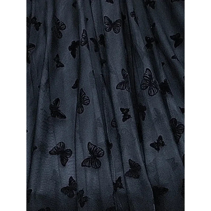 กระโปรงยาวผ้าทูลล์รูปผีเสื้อสำหรับผู้หญิงกระโปรงตาข่ายคลุมเข่าเอวสูงสีดำแบบลำลอง
