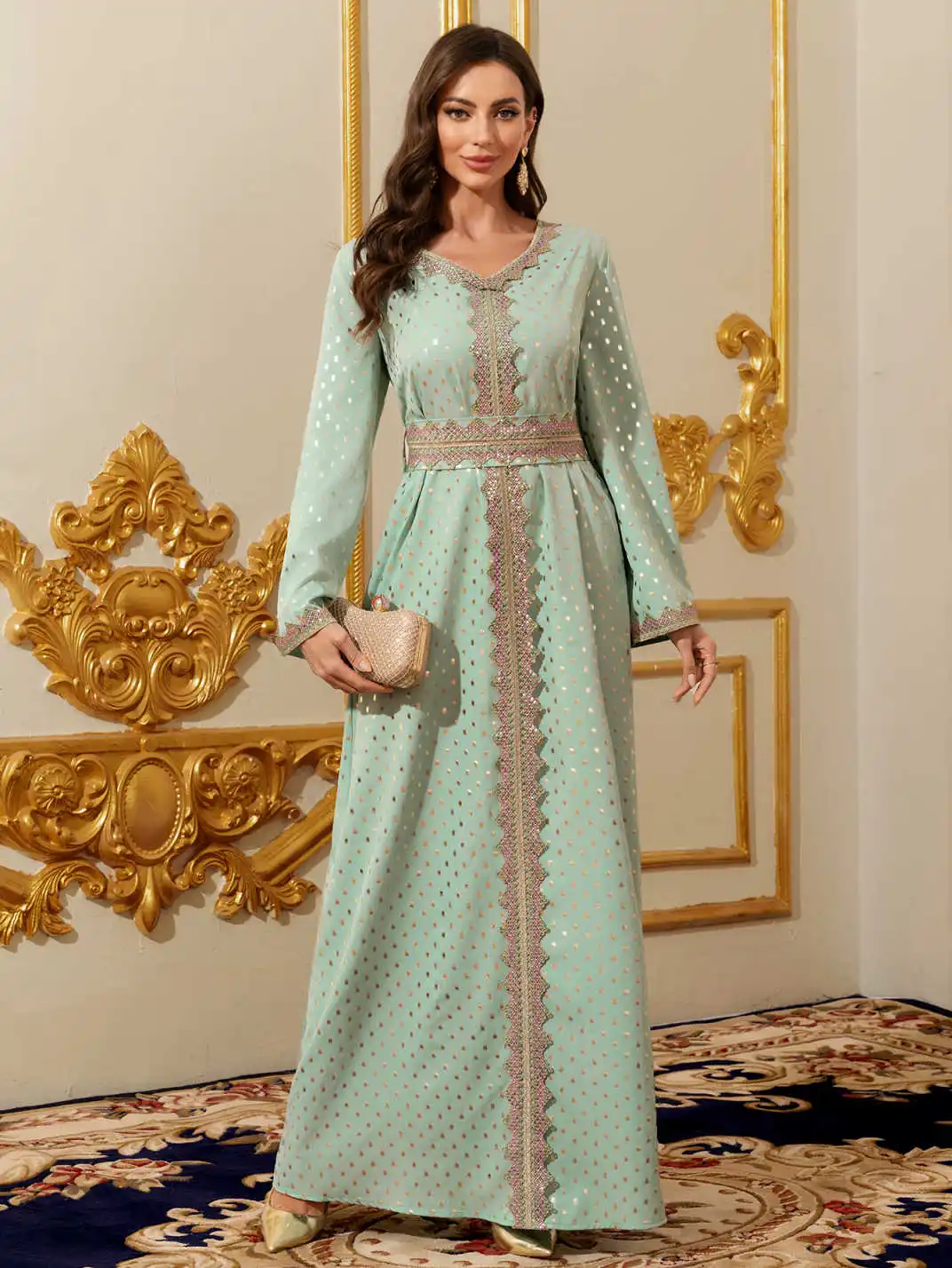 Sukienka z dekoltem w serek w stylu arabskim z Dubaju z Bliskiego Wschodu, z złotą wstążką w kropki i cekinami, z blokami kolorów, idealna na festiwal Ramadan, prosta i elegancka suknia jak od wróżki.