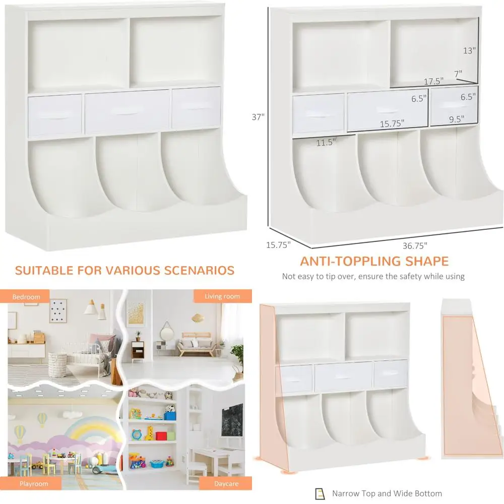 

Children's Bookcase Storage Organizer Cabinet with Drawers for Toys, Clothes, Books, White Finish