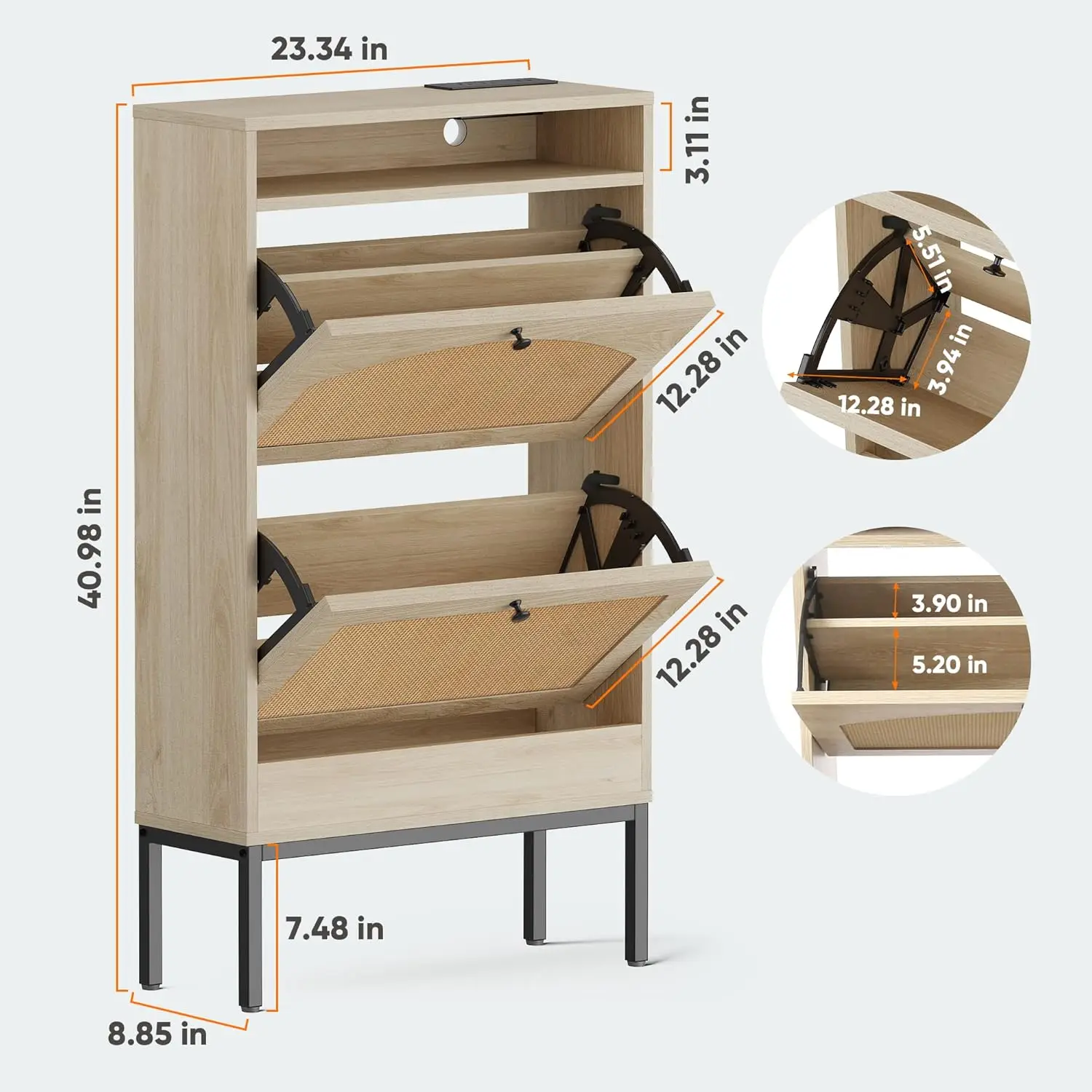 Shoe Cabinet, Shoe Storage Cabinet with 2 Flip Drawers, Slim Shoe Storage Rack with Charging Station for Entryway Hallway Living