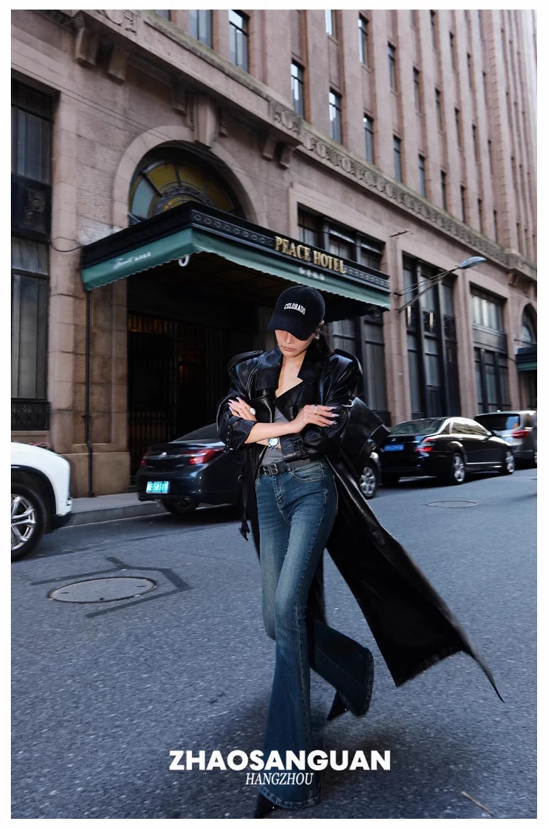 Lautaro Spring Autumn Cool Extra Long Black Loose Pu Leather Trench Coat for Women with Shoulder Pads Belt European Fashion 2024