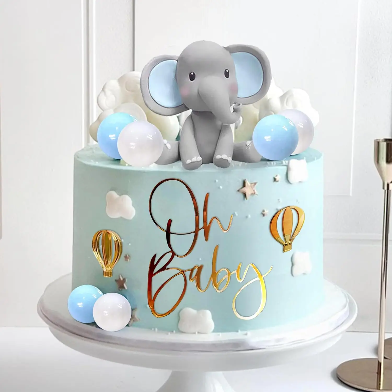 Olifant Taart Decoratie met Oh Baby Cake Topper Parel Ballen Heteluchtballon voor Baby Douche Jongen Olifant Thema Verjaardagsfeestje