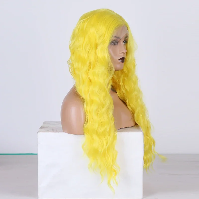 RDY-Perruque Lace Front Wig synthétique sans colle jaune fluo, perruque Deep Wave, naissance des cheveux naturelle, cheveux longs bouclés pour femmes, 03/