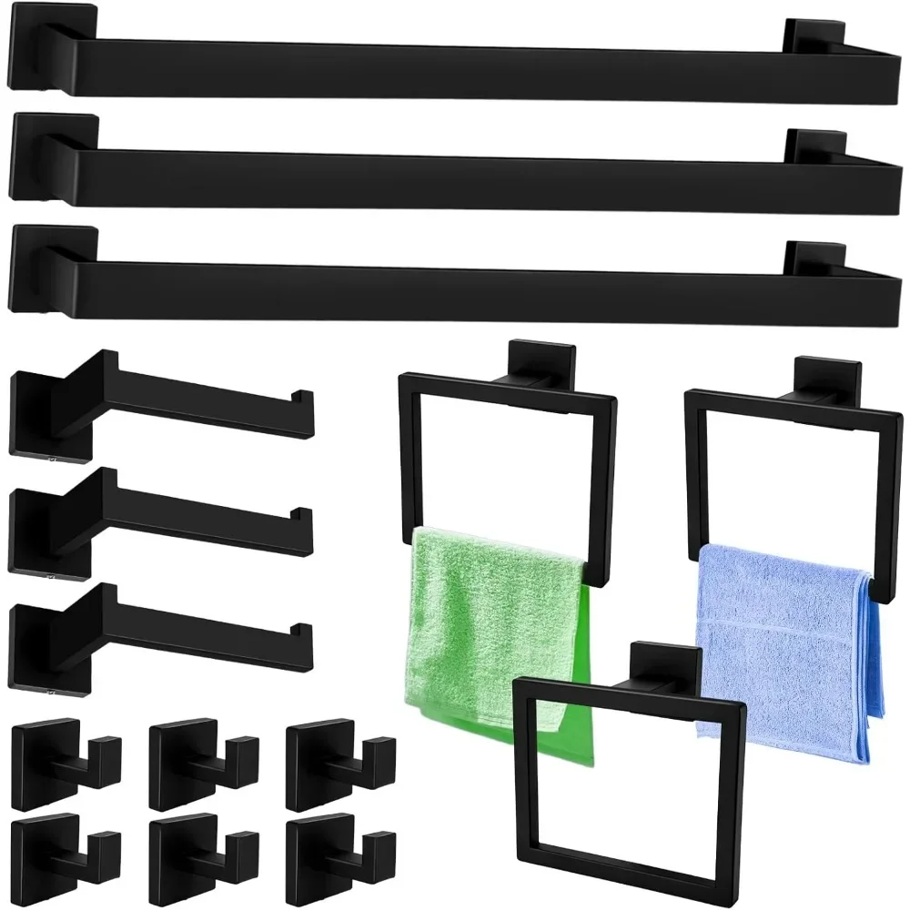 15 matte black bathroom hardware sets, 23.3-inch towel rack, square, SUS304 stainless steel, heavy-duty towel rack set