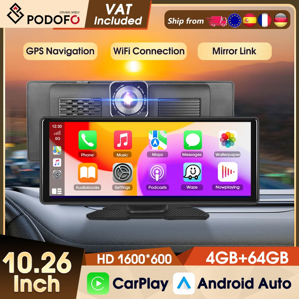 Podofo 10,26 Zoll tragbarer Smart Player 8-Kern 4+64G Dashcam Android Wireless Carplay Android Auto Auto-Monitor Bluetooth WIFI GPS