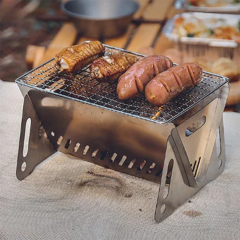 Portable Folding Barbecue Grill Heating Stoves Multifunction Camping BBQ Grill Rack Net Firewood Stove Stainless Steel BBQ Grill view 6