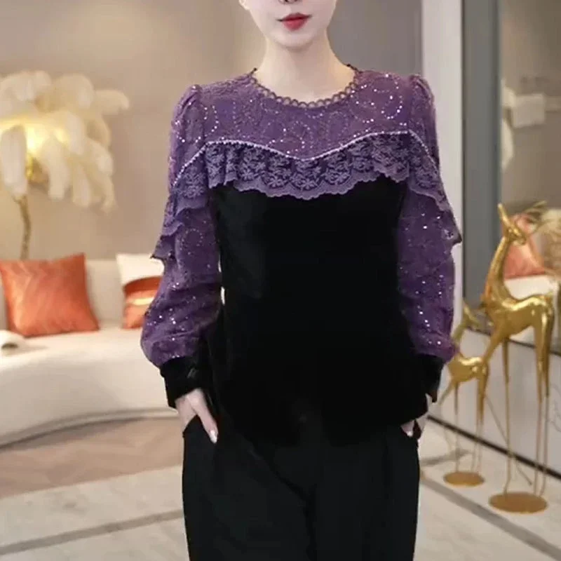 

Новая модная рубашка с блестками, женская осенняя элегантная кружевная лоскутная рубашка, женский офисный женский топ с рюшами, асимметричная рубашка, одежда