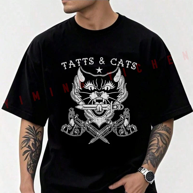 

Vintage Tattoo & Cat Graphic Motorcycle T-shirt Summer Cotton Short Sleeve Casual Round Neck Unisex Tops