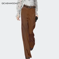 Office Ladies Spring Autumn Brown Suit Pants High Waist Front Pleated Loose Plus Size Straight Pants Long Trousers With Belt