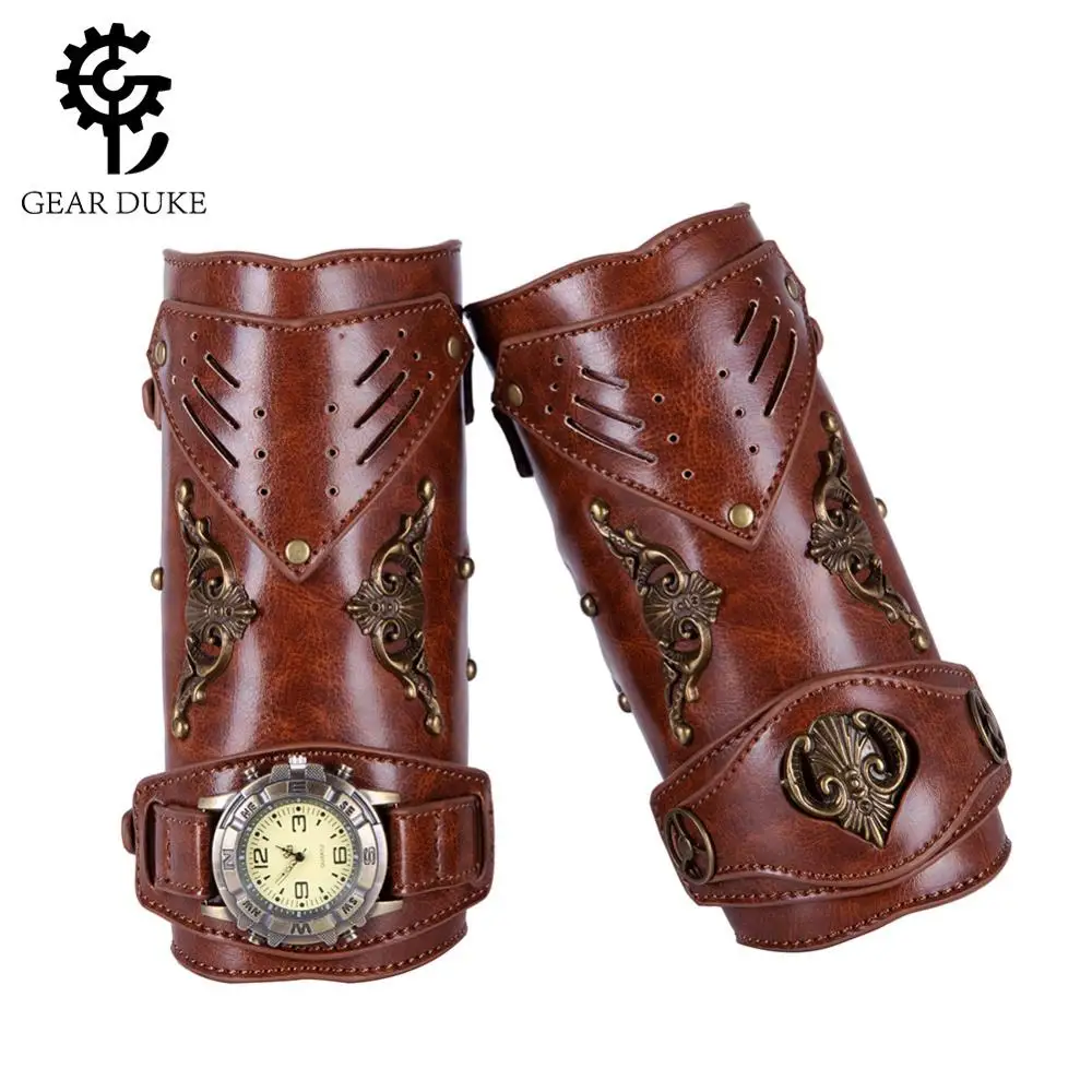 Red PU Watch Decorative Motorcycle Glove Medieval Retro Steampunk Handwear Rivets Strapes Buckle Faux Leather Arm Ring Halloween