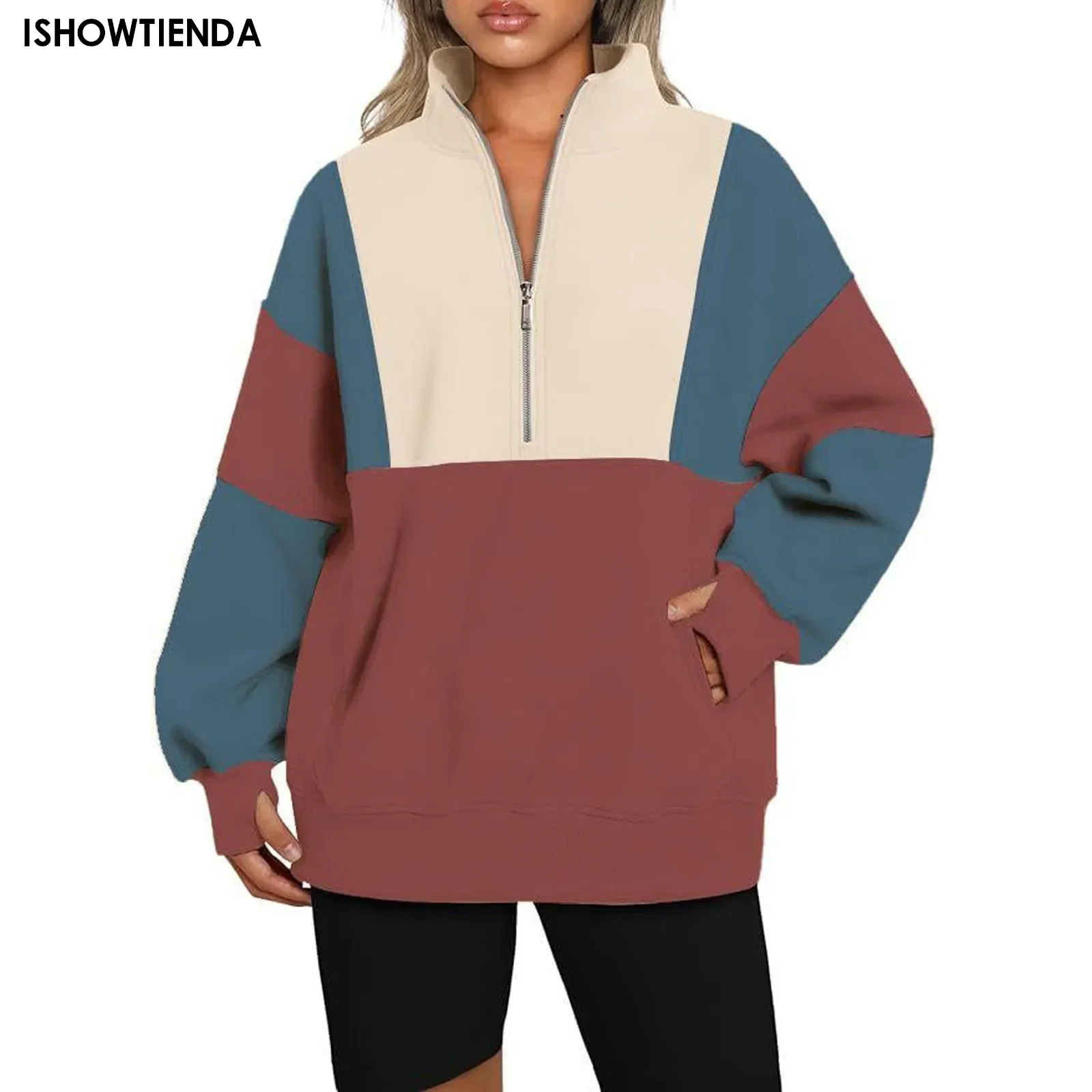 

Half Zip Women Overzised Hoodie Stand Collar Casual Sweatshirts Long Sleeve Hip Hop Loose Fit Pullover Sweatshirts Autumn Jacket