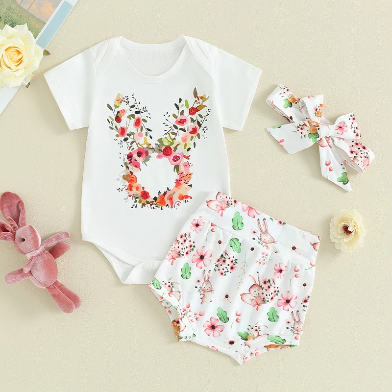 2023-11-04 Lioraitiin Baby Girls Easter Outfits Floral Bunny Print Short Sleeve Romper and Shorts Cute Headband Summer Clothes