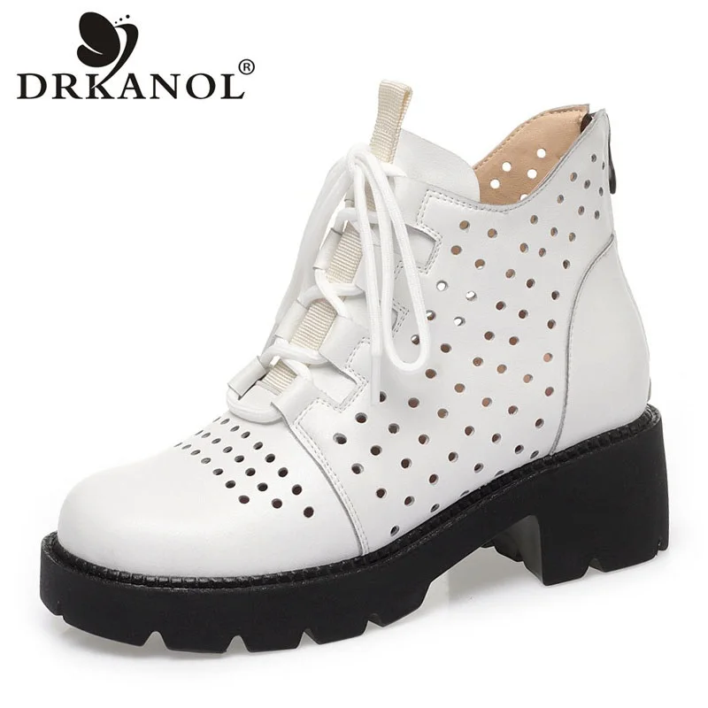 

DRKANOL Fashion Summer Cool Boots Women Chunky Platform Ankle Boots Women Hollow Out Split Leather Breathable Thick Heel Shoes