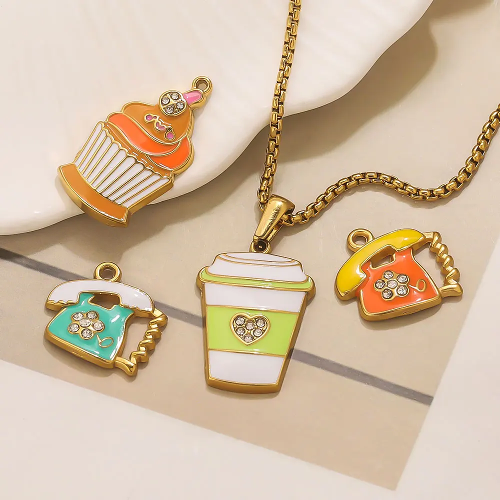 

2 Pcs Stainless Steel Enamel Charms Cartoon Food Phone Pendant DIY Jewelry Accessories for Earrings Necklaces Making Wholesale