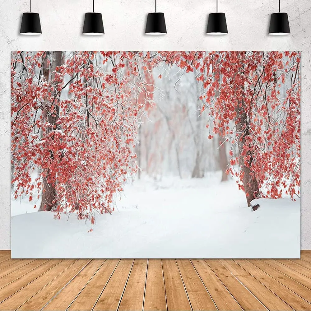 Winter Forest Photo Photography Backdrop Red Leaves Snow Land Scenery Landscape Tree Portrait Photo Background Decor Poster