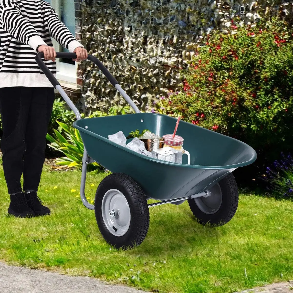 Carretilla de doble rueda, carrito de jardín resistente, carrito utilitario de capacidad de 330 libras con dos neumáticos de 13 pulgadas para la ley al aire libre